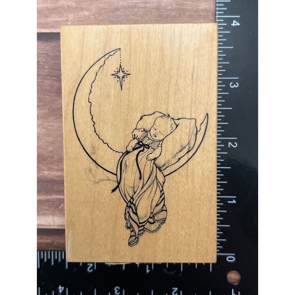 Vintage 1995 PSX Wood Mounted Rubber Stamp G-1533 Moon & Baby Angel